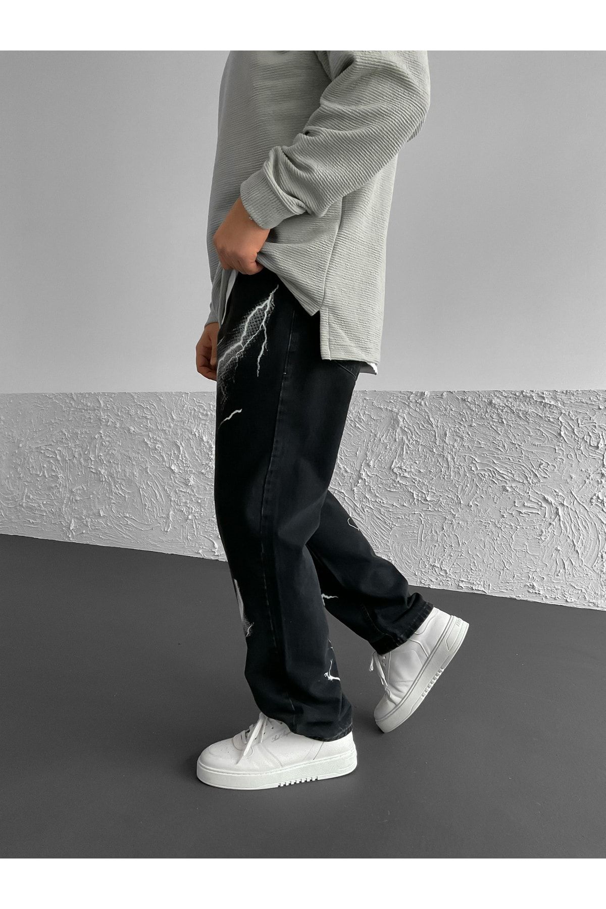 BYBASICMAN Siyah Şimşek Detaylı Baggy Pantolon We-1478 AN7859