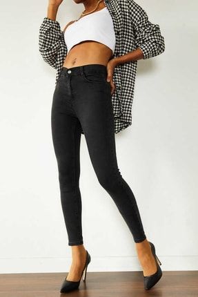 kadın Siyah, Likralı Yüksek Bel Jean Pantolon (Siyah) RS-25385-S
