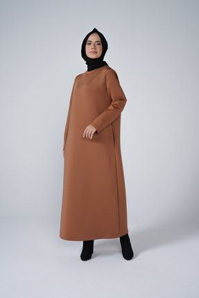 Kadın Taba Cep Detaylı Puf Kumaş Uzun Elbise 1-PE-100-6