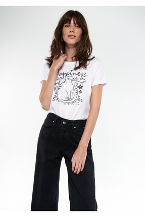 Mavi Kedi Baskılı Beyaz Tiş&ouml;rt Slim Fit / Dar Kesim 1611196-620