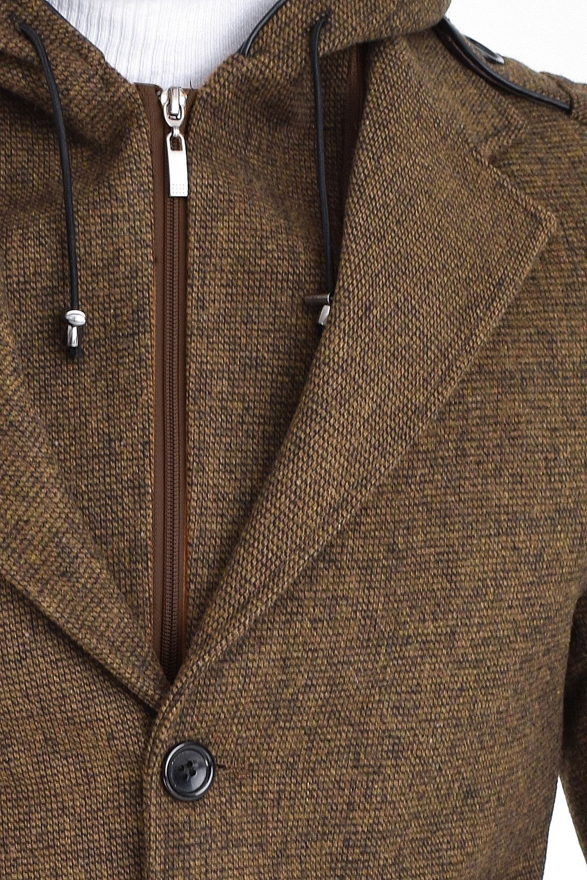 DYNAMO-Men's Tan Wool Blended Patterned Cashmere Hooded Zippered Front and Buttoned Coat 5