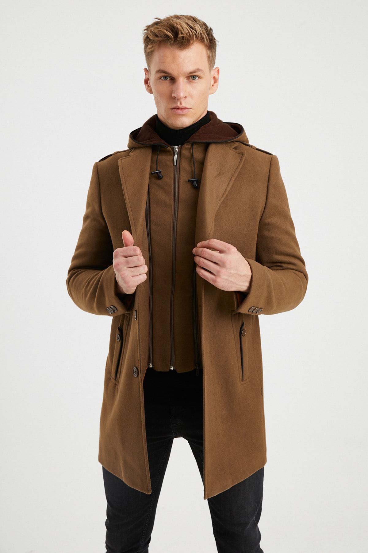 DYNAMO-Men's Soil Wool Blend Spoon Hooded Front Zippered and Buttoned Coat 2