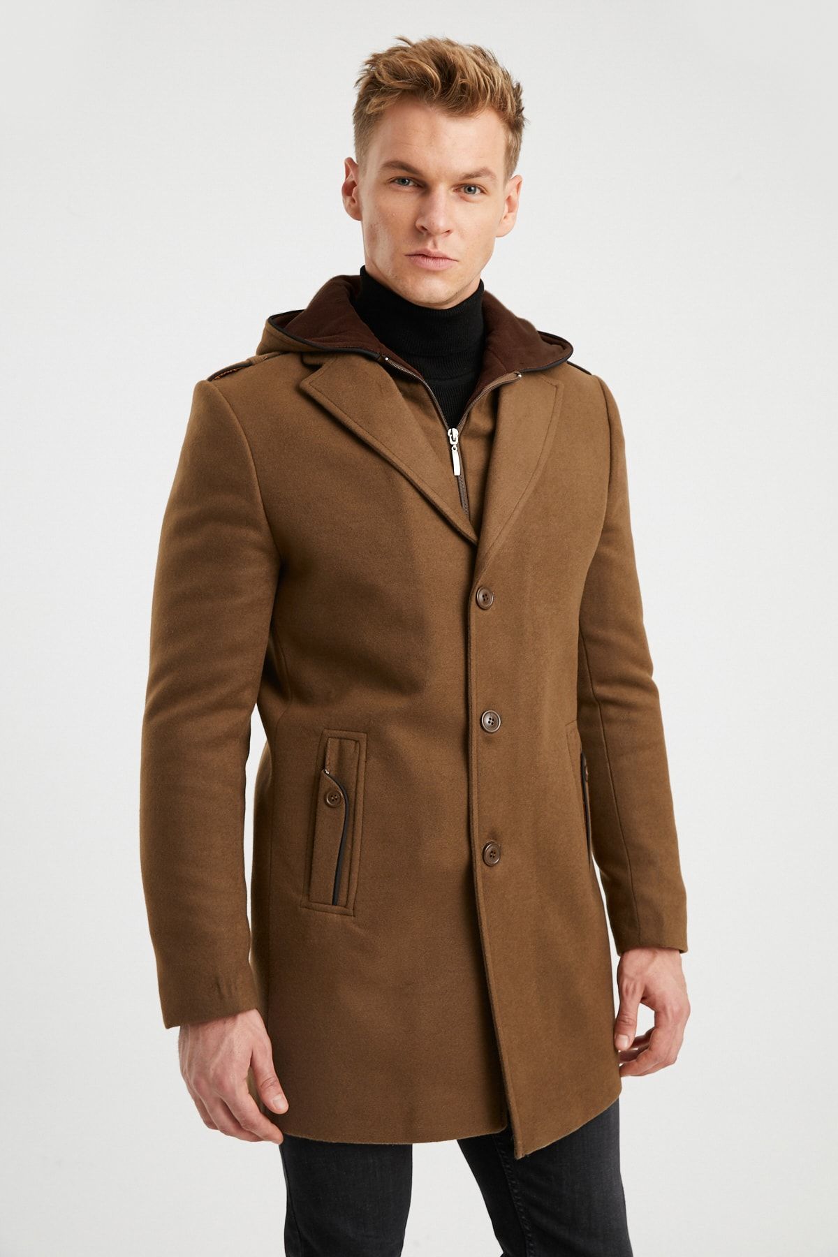 DYNAMO-Men's Soil Wool Blend Spoon Hooded Front Zippered and Buttoned Coat 3