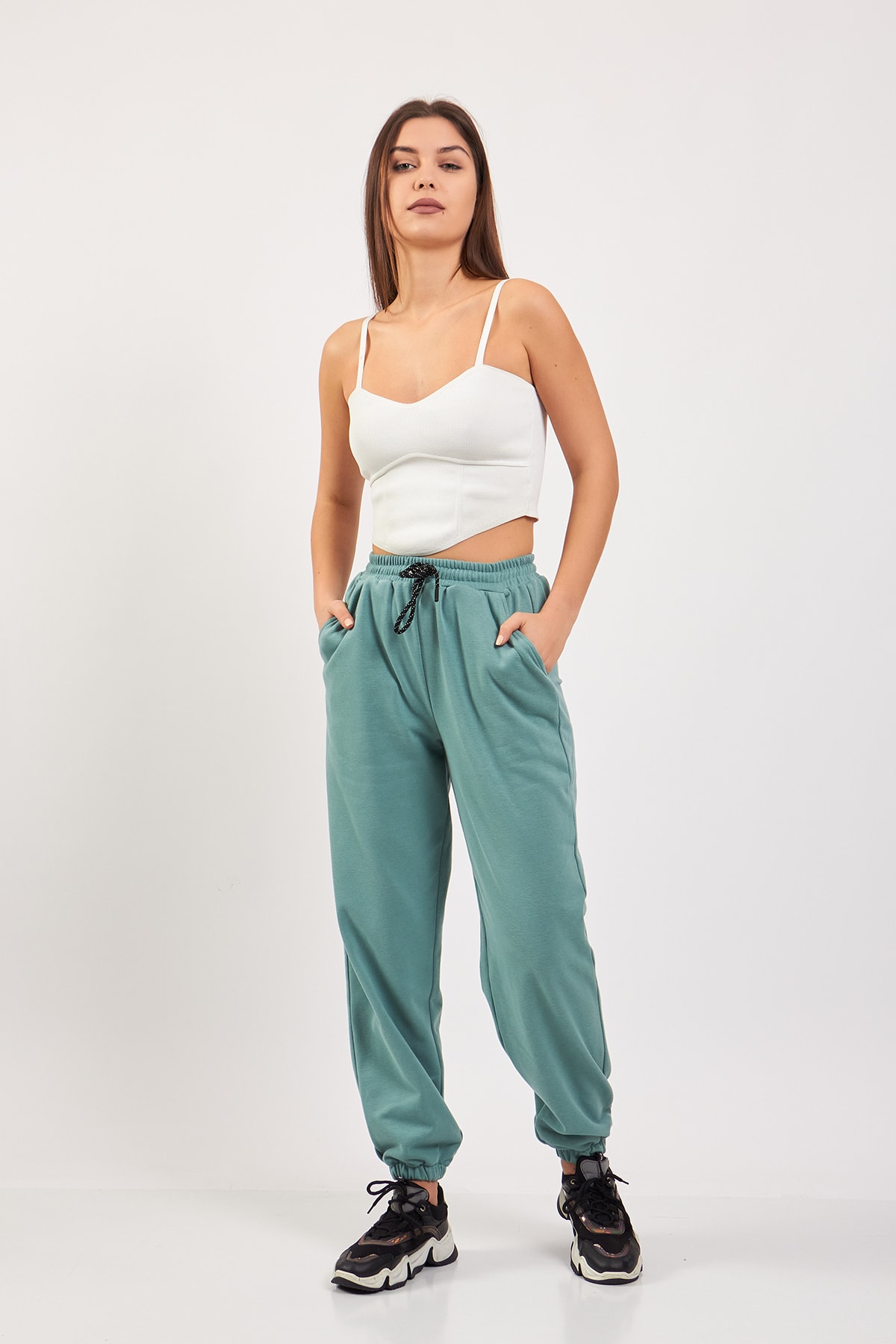 Su Yeşili Oversize Bel Ve Paça Lastikli Eşofman Altı