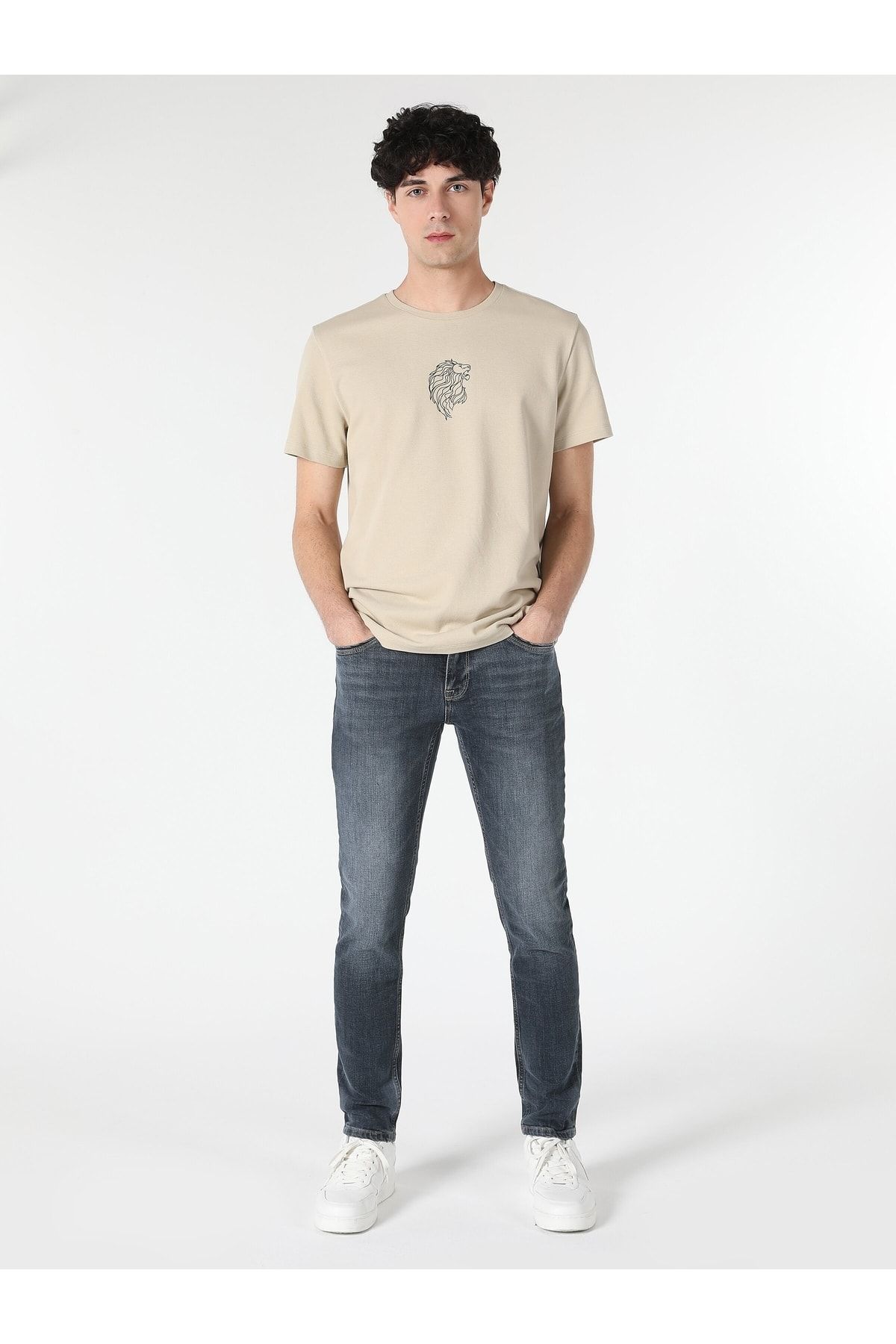 Colin's Regular Fit Bisiklet Yaka Baskılı Bej Erkek Kısa Kol Tişört