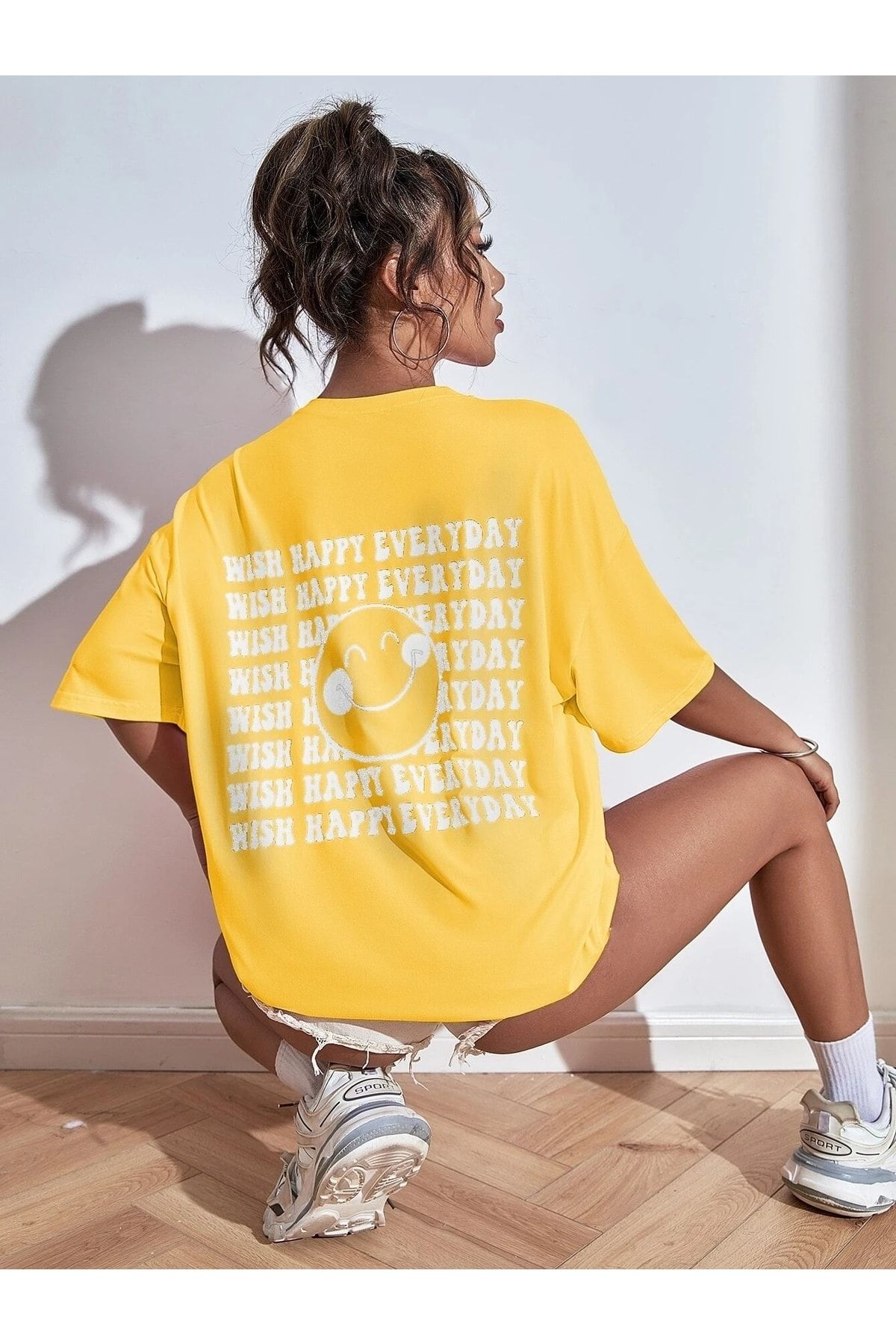 Trendseninle Women s Yellow Wish Happy Everyday Printed Oversize T