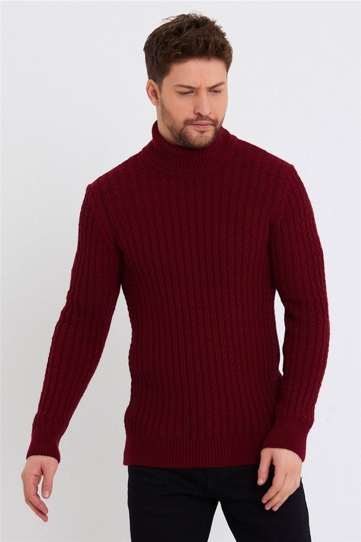 Tarz Cool Men s Burgundy Hair Knitted Turtleneck Turtleneck