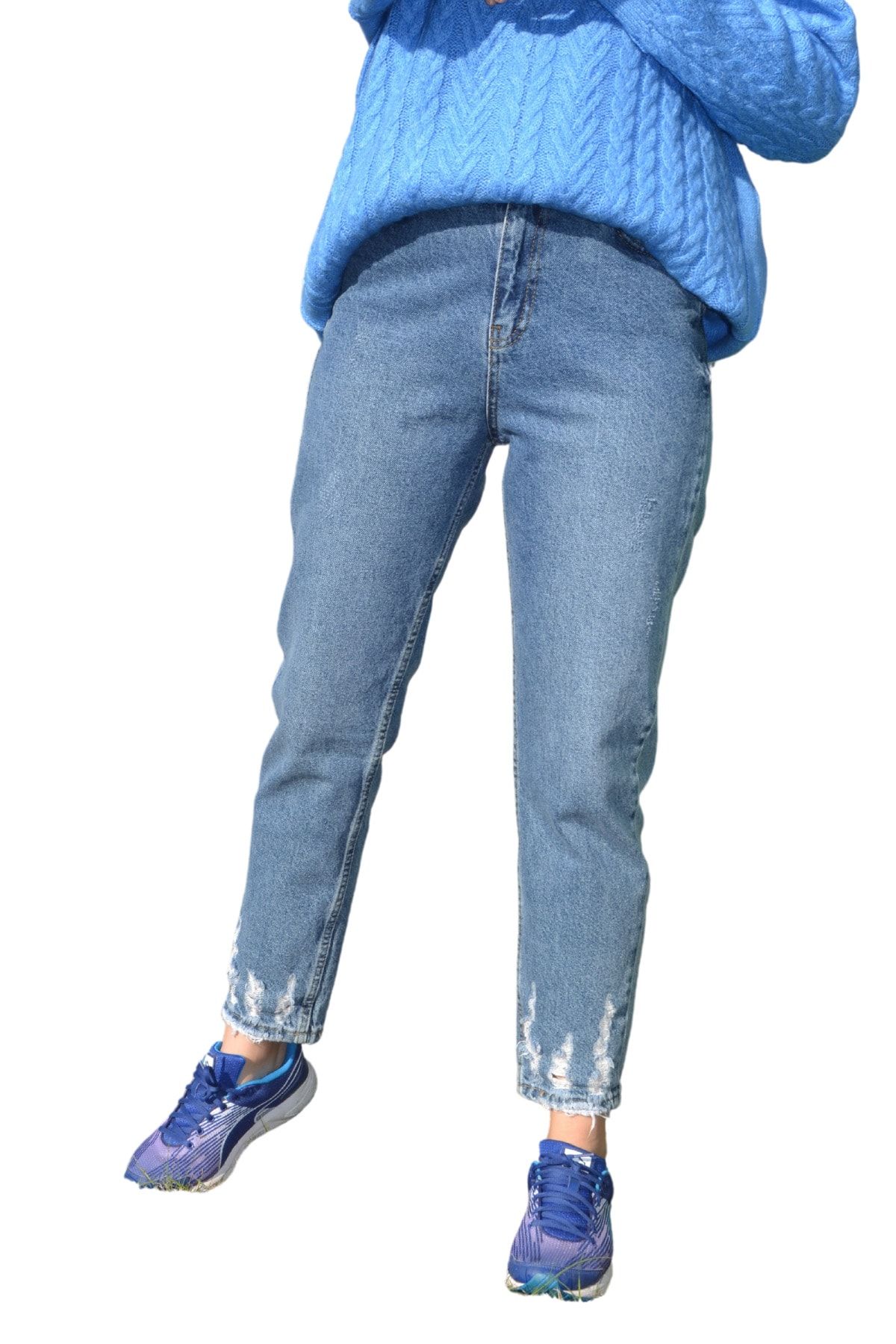 Mavi Yırtık Paça Yüksek Bel Kot Pantolon Mom Jean