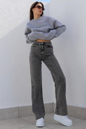 Açık Füme Asit Kar Yıkama Yüksek Bel Desert Uzun Straight Likralı Cropped Fit Jeans 6006