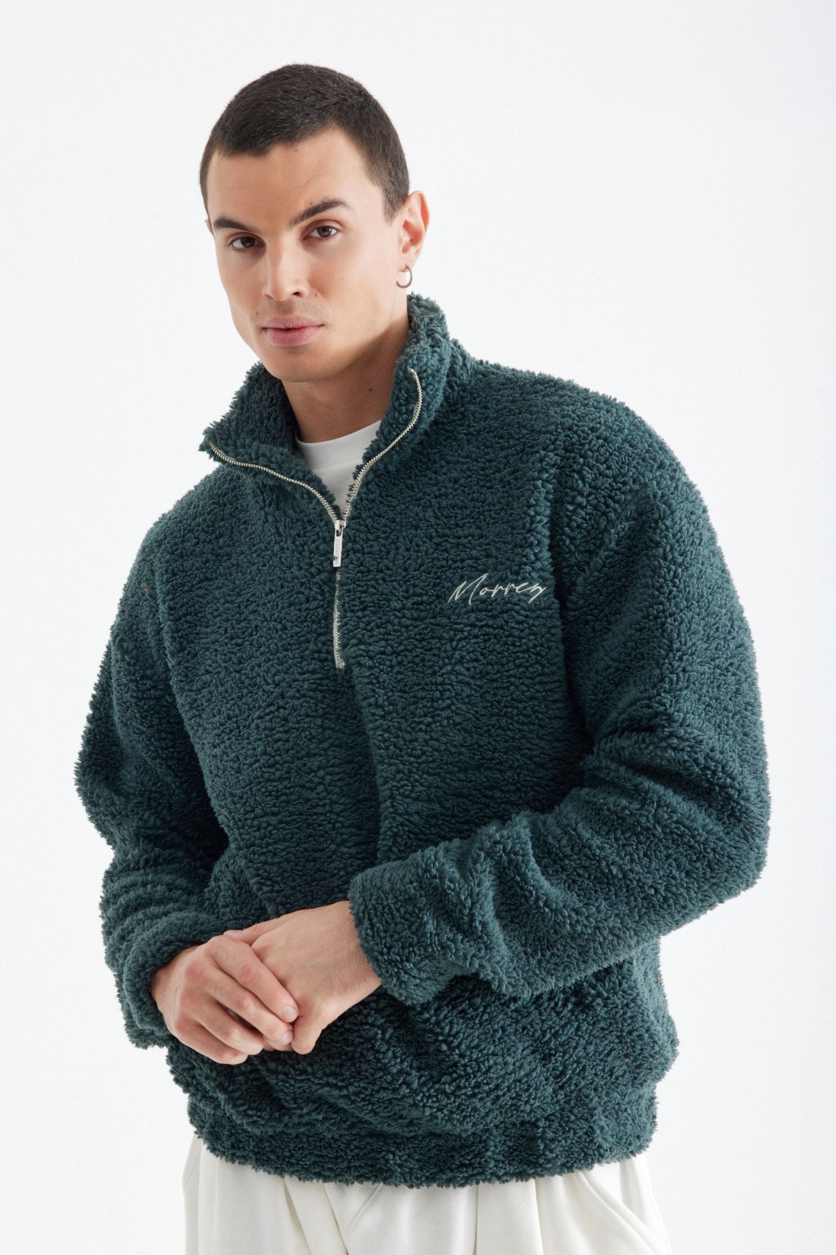 MORREZ Yarım Fermuarlı Yeşil Peluş Sweatshirt