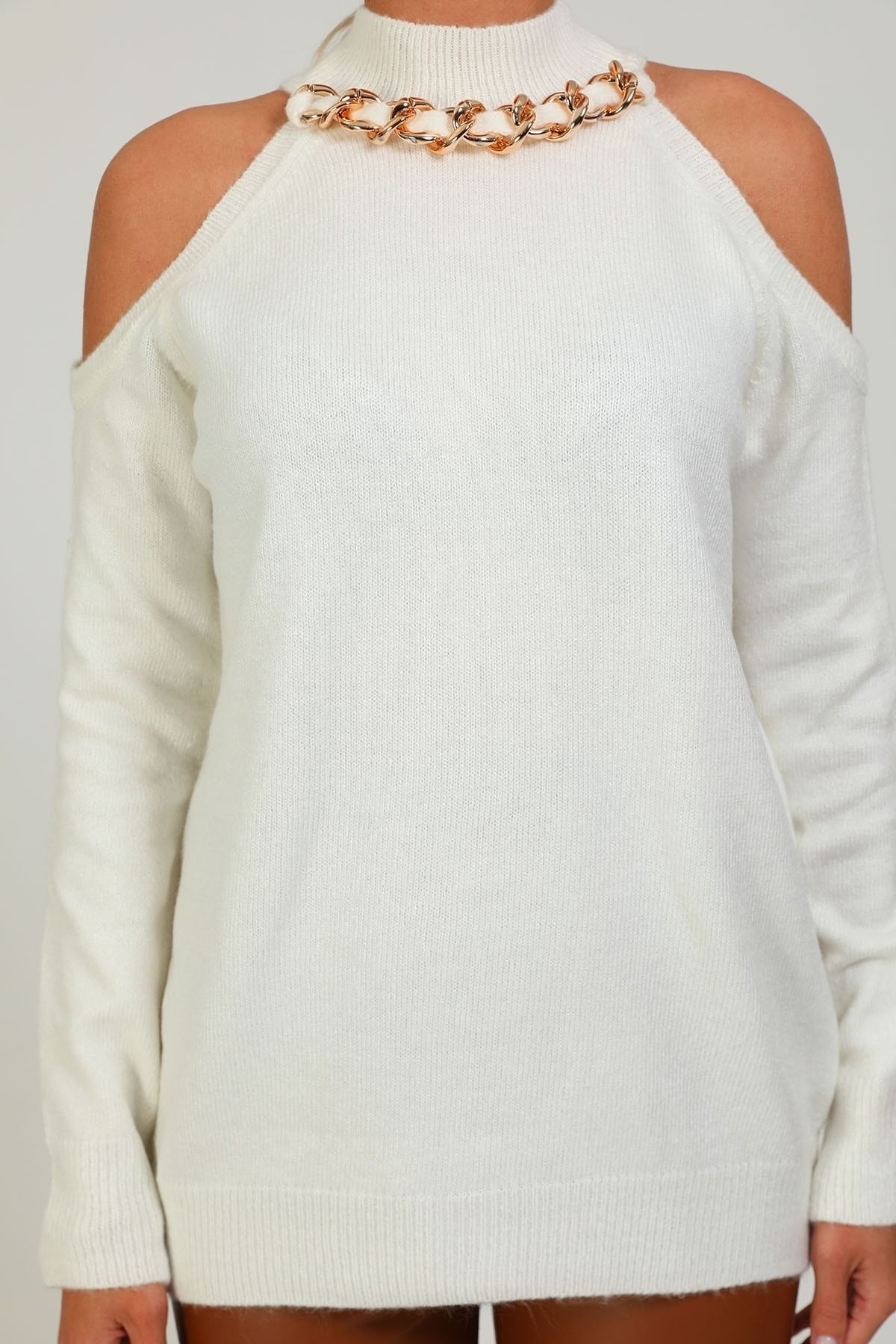 Laluvia-Beigefarbener, schulterfreier Pullover mit Kette vorne 3