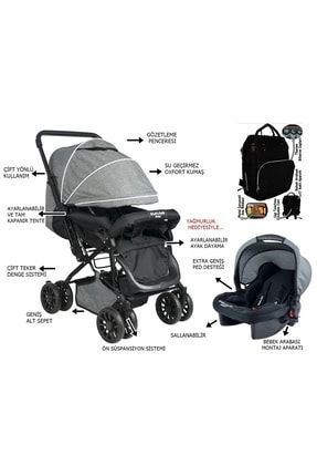 Çift Yönlü Treval Sistem Bebek Arabası - Bebek Bakım Çantası Gri Set LTSGO120003