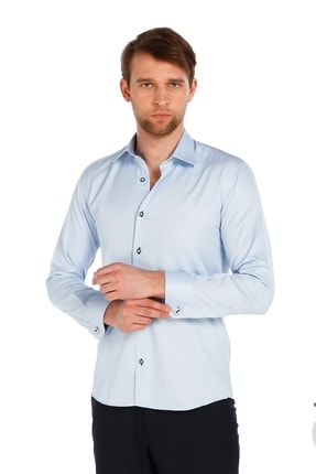 Mavi Micro Kumaş Kol Düğmeli Slim Fit Düz Renk Gömlek- 201-4 201KL