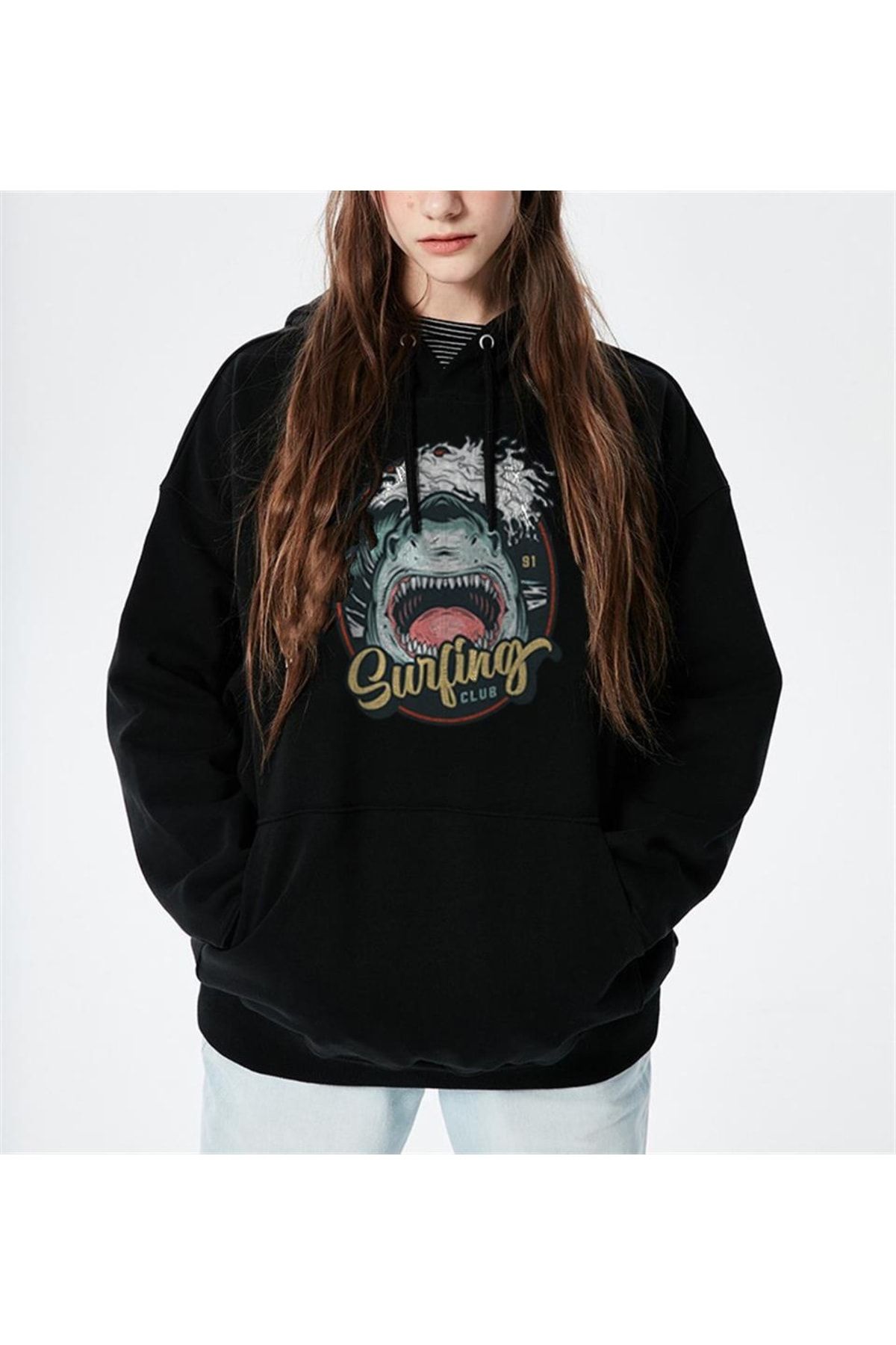 Touz Moda Dompuleri Moda Surfer Shark Black Hooded Oversize