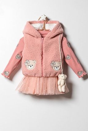 Kız Bebek Kapüşonlu Yelekli Gül Kurusu Mevsimlik Elbise KDS-212411