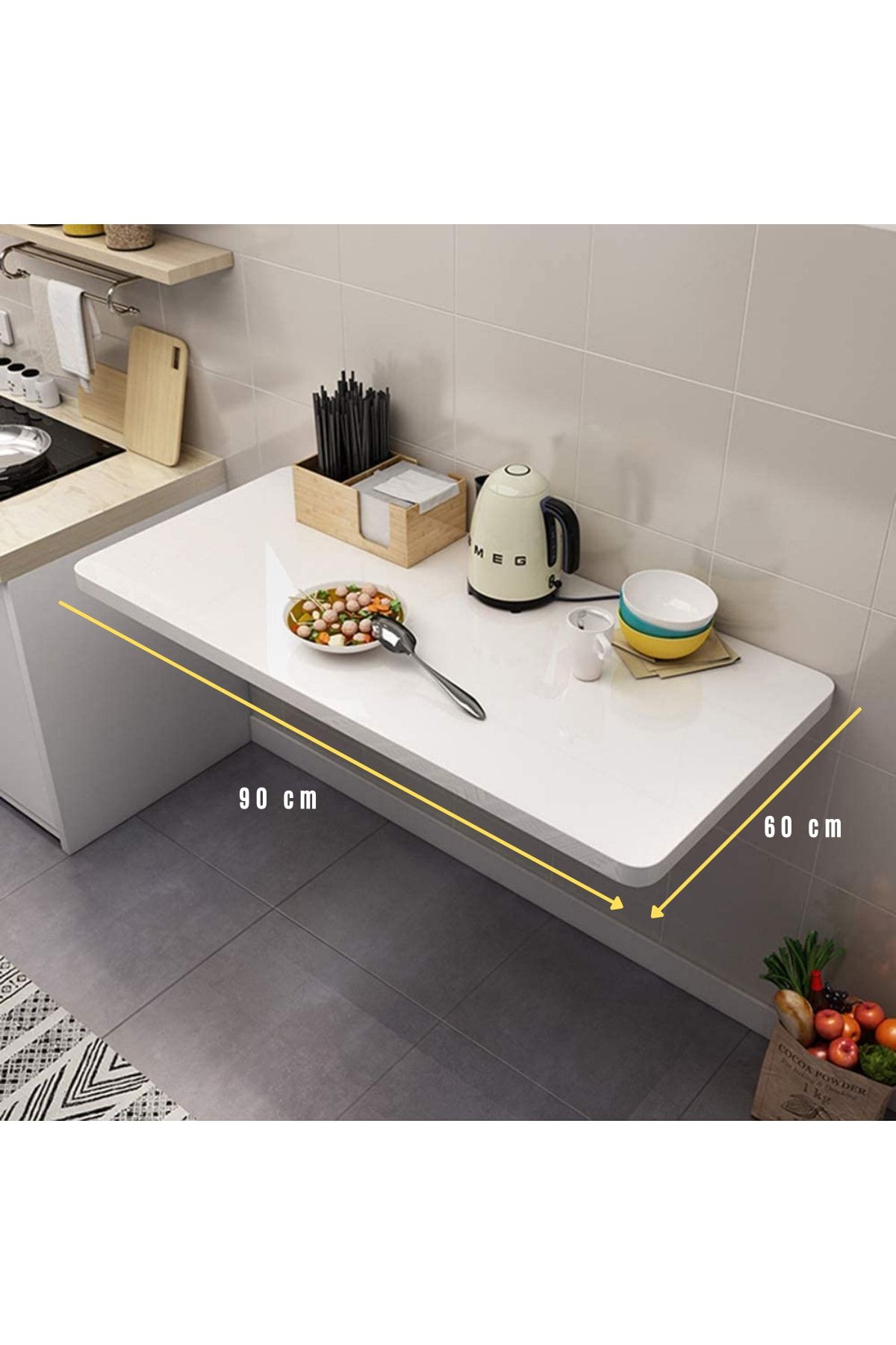 Kydonia Home 60x90 Cm Parlak Süt Beyaz Mdf Lam Duvara Monte Katlanır Masa OH9849