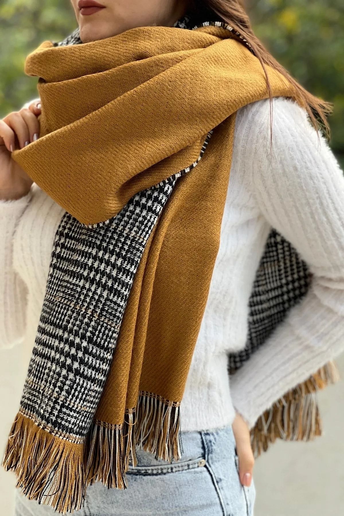 hargen Hargen Plaid Patterned Wool Textured Double Sided Scarf