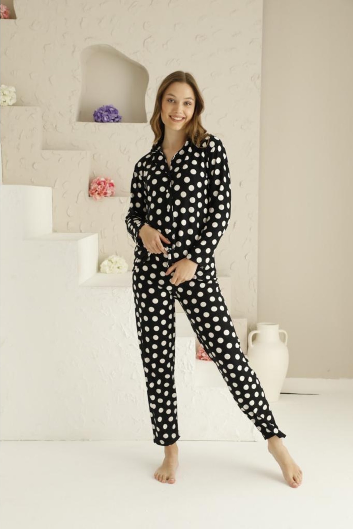 Farya Home Dreamy Pamuklu Süet Puantiyeli Gömlek Pijama Takımı