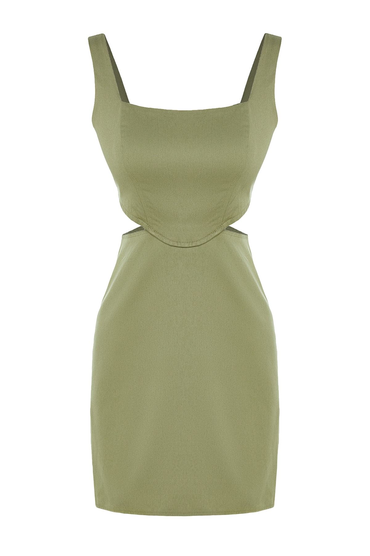 Kolekcia Trendyol-Khaki A-Cuh mini bavlnené okienko/vystrihnutý detailný štvorcový golier tkané šaty TWOSS23EL00596 7