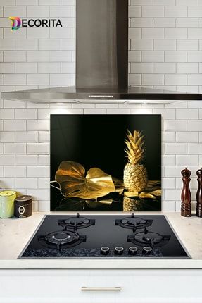 Cam Ocak Arkası Koruyucu | Altın Ananas | 52cm X 60cm COA1500000325E