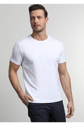 Beyaz Düz Pamuk Karışımlı T-shirt 155018
