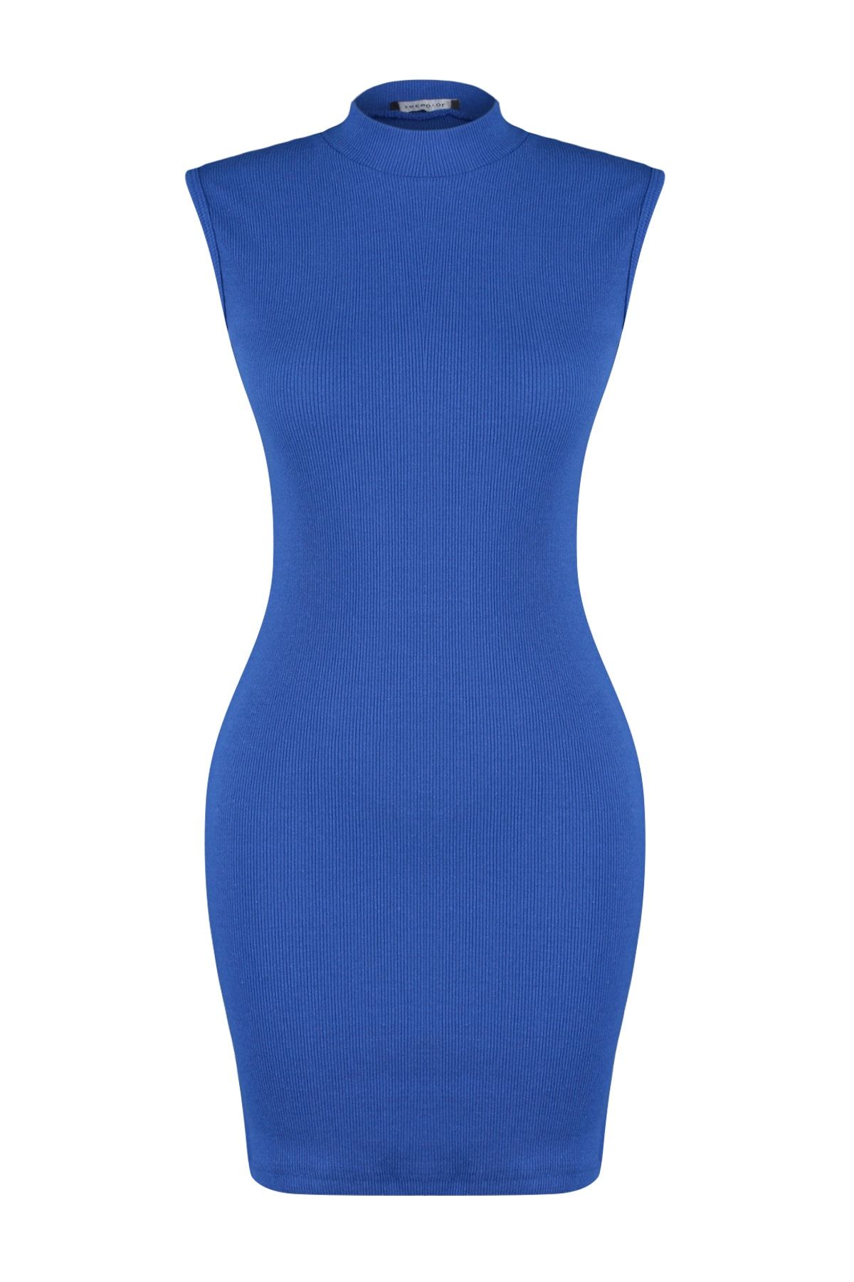 Trendyol Collection-Blue Fitted Crew Neck Mini Ribbed Flexible Knitted Pencil Dress TWOSS22EL2819 7