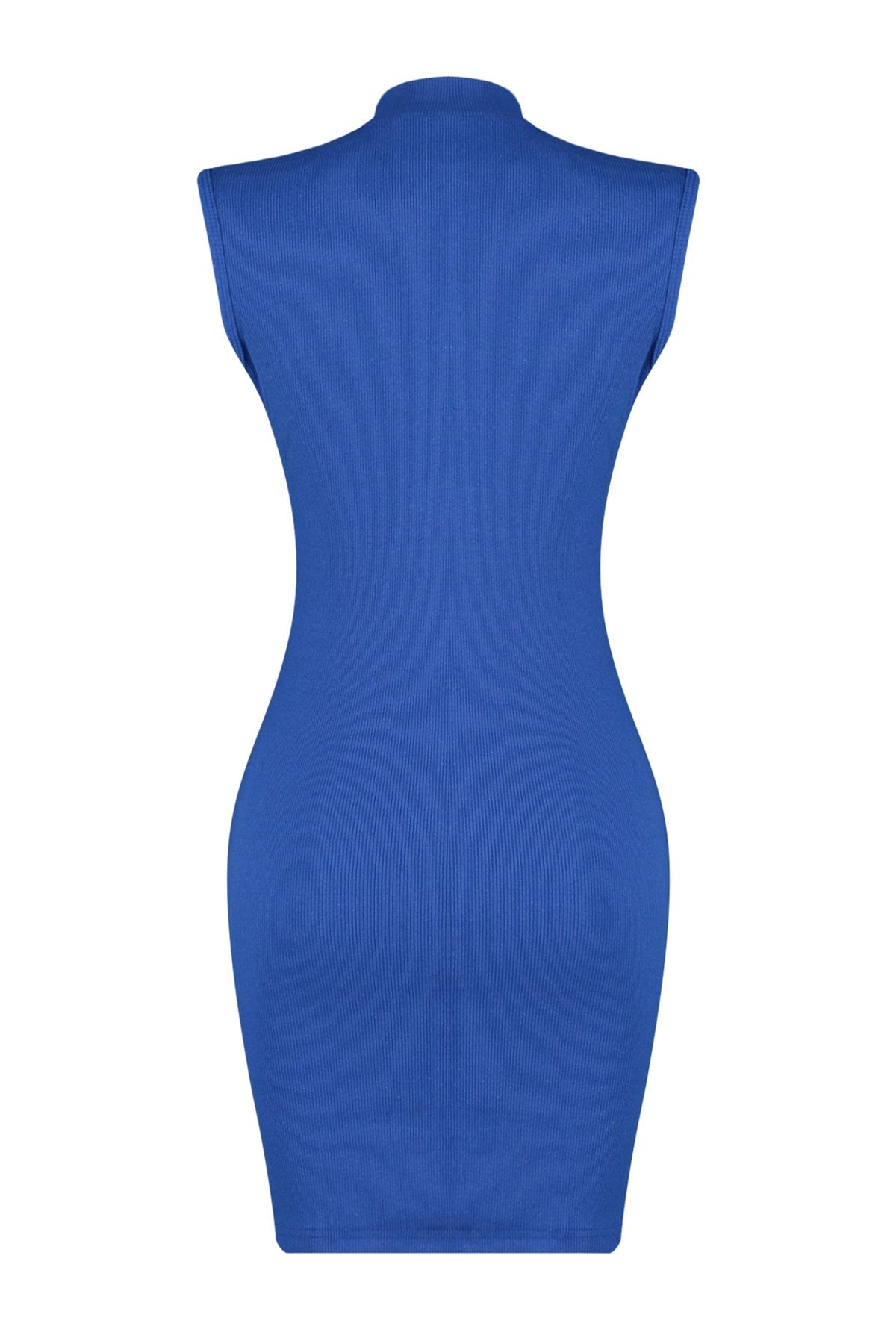 Trendyol Collection-Blue Fitted Crew Neck Mini Ribbed Flexible Knitted Pencil Dress TWOSS22EL2819 8