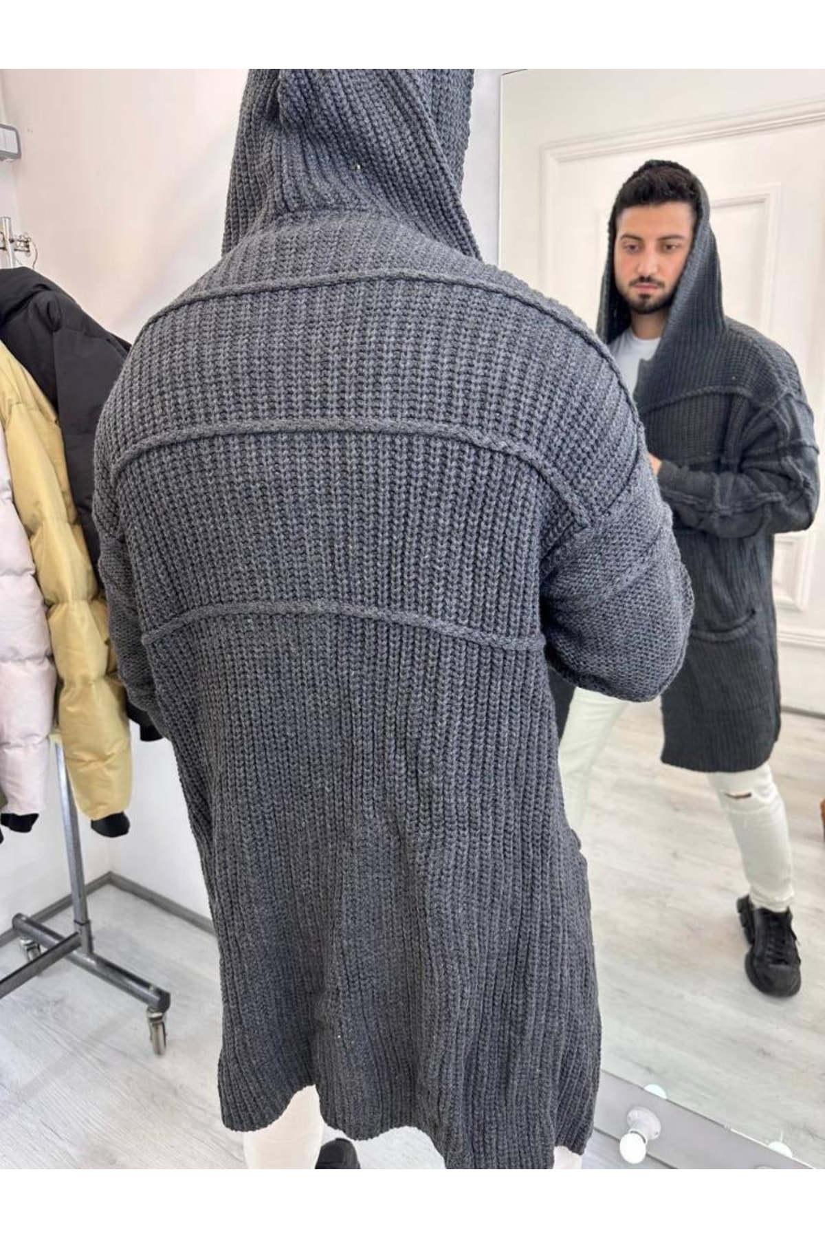 Hırka Kapüşonlu Cepli Örgü Triko Uzun Panço Hırka — مشکی HIRKA2785 — تصویر 7 از 7