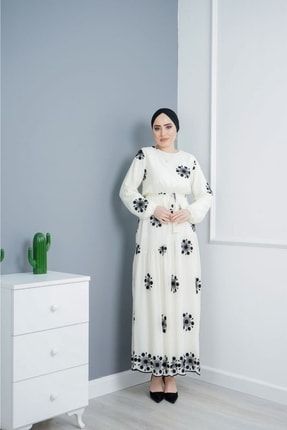 Kadın Desen Işlemeli Seyyar Kuşaklı Şifon Elbise 7062