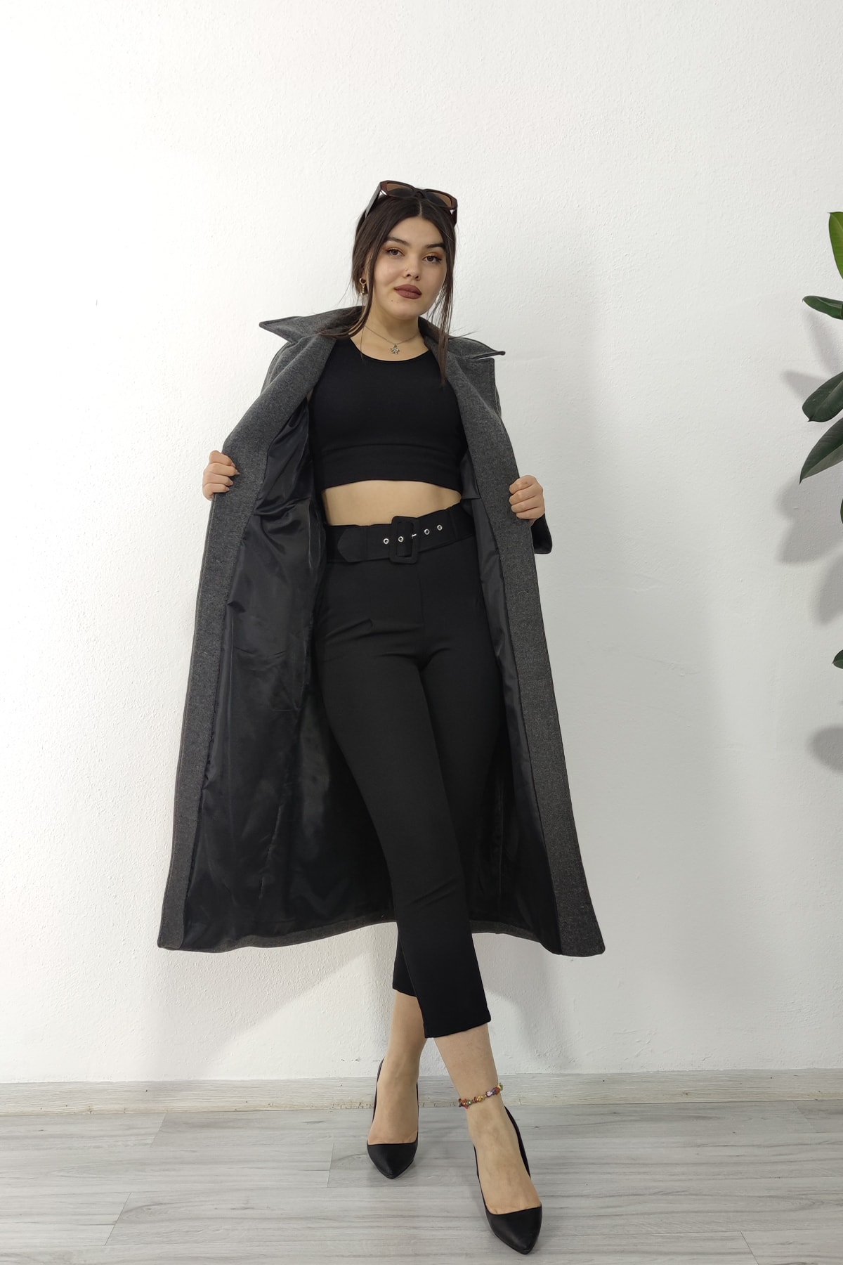 MissVina Kadın Antrasit Reglan Kol Kuşaklı Palto Şık Günlük Rahat 2534 görsel 3