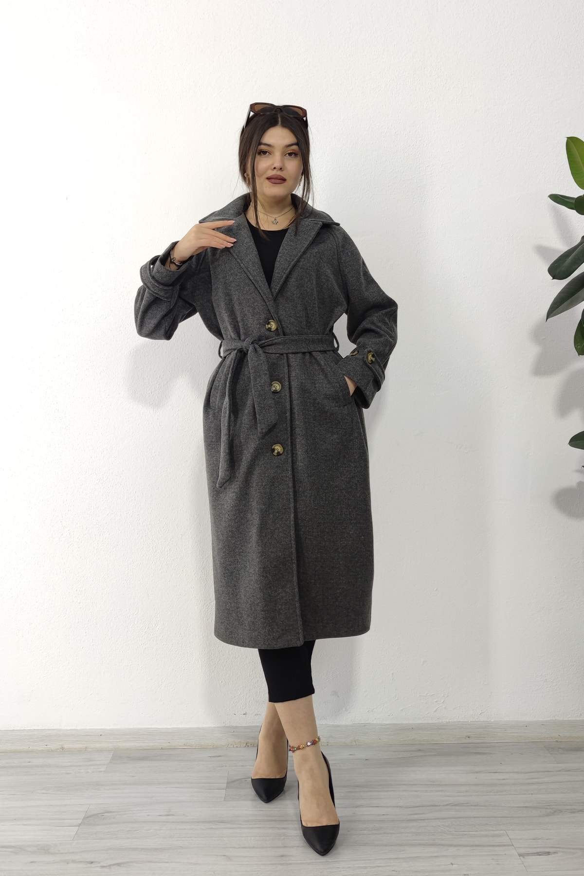 MissVina Kadın Antrasit Reglan Kol Kuşaklı Palto Şık Günlük Rahat 2534 görsel 4