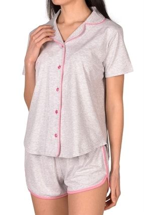 Gri Kadın Şortlu Pijama Takımı Kısa Kollu Düğmeli Cepli Pamuk Likralı 60052