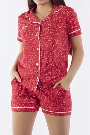 Kırmızı Kadın Şortlu Pijama Takımı Kısa Kollu Düğmeli Cepli Pamuk 80926