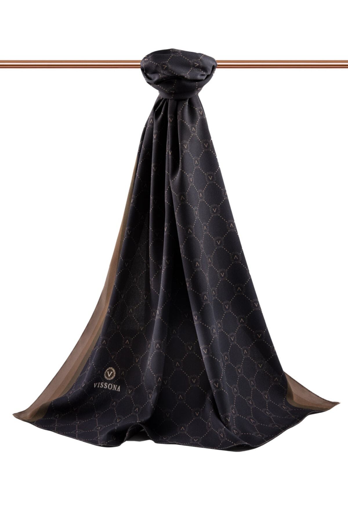 Vissona-Γυναικείο Luxury Medina Silk Shawl Μαύρο - Milk Coffee 2