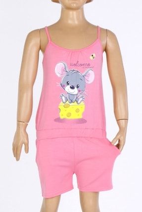 Pembe Kız Çocuk Şortlu Pijama Takımı Cepli Pamuk 85311