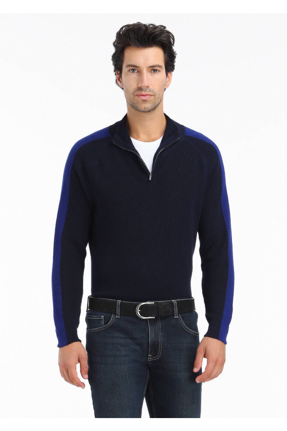 Navy Blue Half Turtleneck Jacquard Wool Blend Knitwear