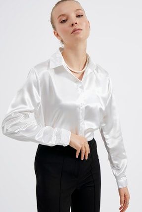 Kadın Beyaz Saten Gömlek Stn01