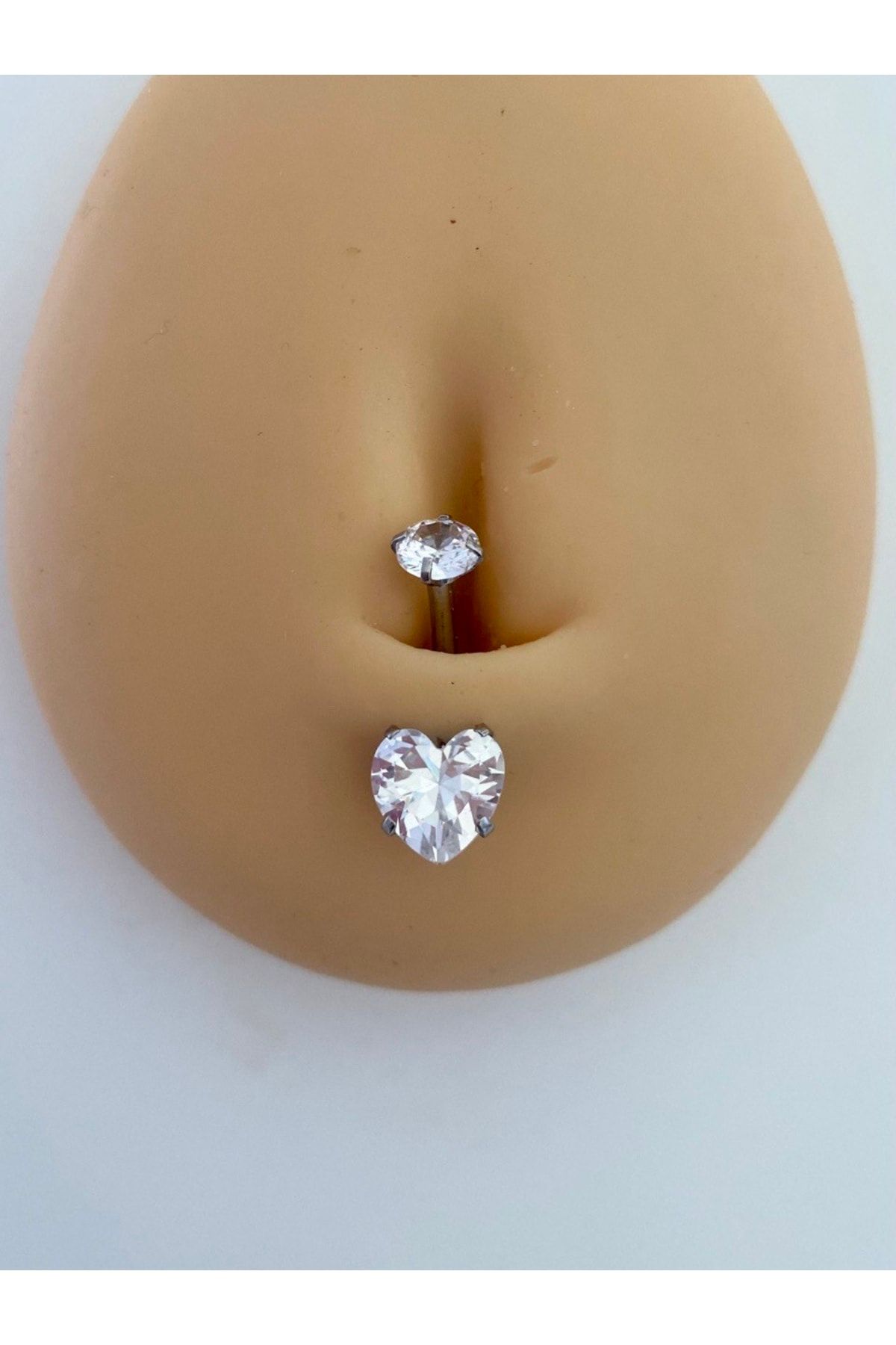 Cerrahi Çelik Gümüş Renk Zirkon Taşlı Kalp Göbek Piercingi