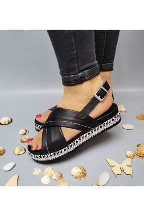 Hakiki Deri Özel Tasarım Inci Taşlı Siyah Kadın Sandalet 033-718 CSD033-718