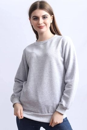 Gri Melanj Bisiklet Yaka Kadın Sweatshirt DFX6400835