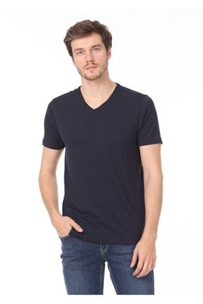 Lacivert Düz V Yaka Pamuk Karışımlı T-shirt 155019