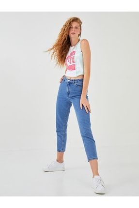 Jessica Kadın Mavi Süper Yüksek Bel Comfort Likralı Mom Kot Pantolon Jeans KMP386