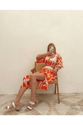 Balon Kol Bel Dekolteli Desenli Elbise Turuncu orangedress00