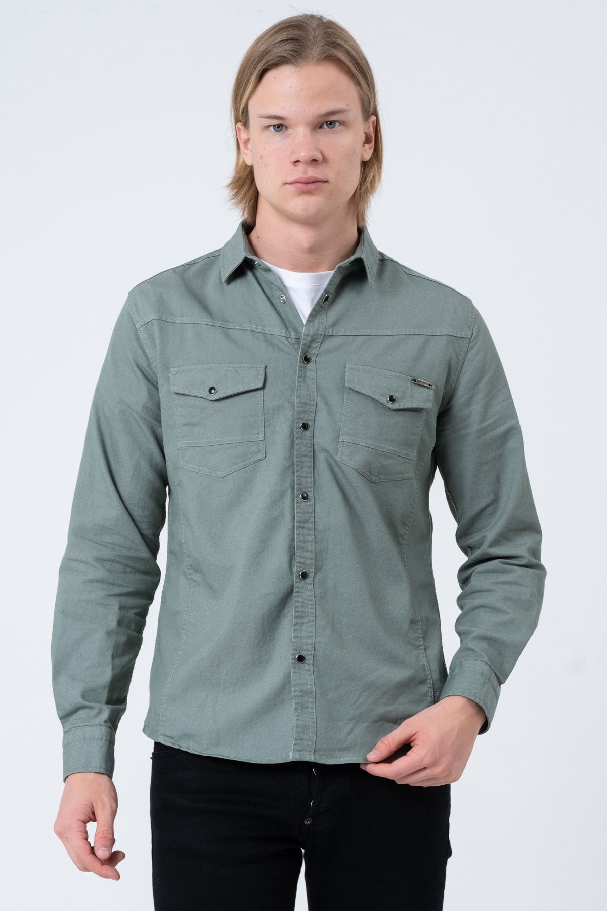 Green denim shirt mens online
