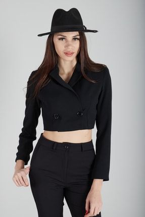 Siyah Astarlı Kadın Crop Blazer Ceket 0105118