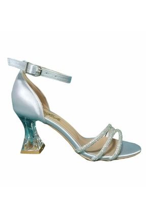 Çok Şık Gümüş Taşlı Şeffaf 7 Cm Topuklu Abiye Sandalet Söz & Nişan Ayakkabısı 7777