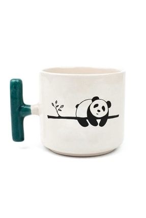 Bambulu Panda El Yapımı Krem Parlak Kupa (yeşil Kulp) PTELYPMKPY204