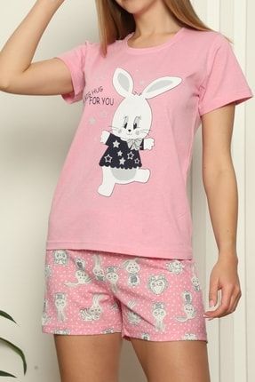 Pembe Kadın Şortlu Pijama Takımı Kısa Kollu Pamuklu Baskılı 14005