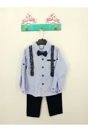 Erkek Çocuk Kıvırma Kol Gömlek+Papyon+Pantolon Askı+Keten Pantolon Takım AYMK6217