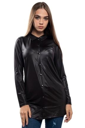 Çıtçıtlı Yırtmaçlı Deri Görünüm Gömlek Tunik-siyah 031.KDN.07.00018